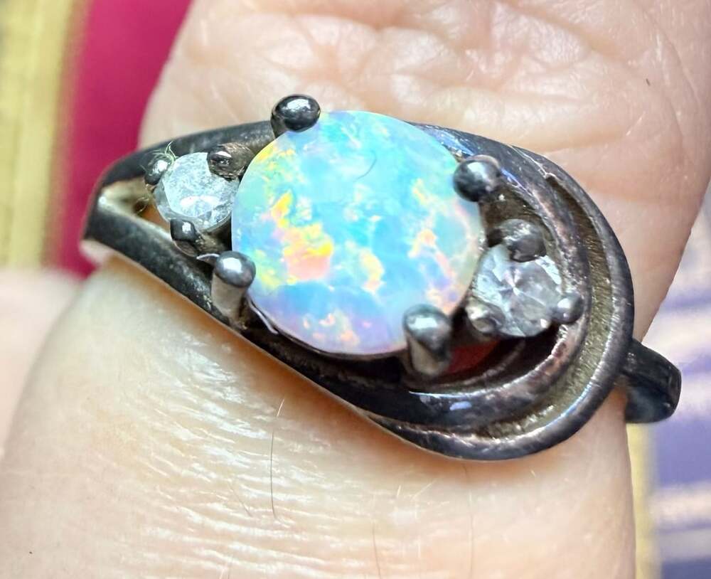 Opal And Cubic Zirconia Ring Size 6.5 Sterling Silver